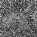 Intricate 3D cityscape featuring a dense array of tall, gray skyscrapers arranged in a