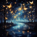 the intricate dance of fireflies, as they illuminate a serene night sky by AI generated