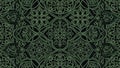 Intricate dark green Celtic knotwork pattern with floral motifs repeated seamlessly against a black background creating a complex Royalty Free Stock Photo