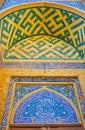 Ornate details of Jameh Mosque`s portal, Yazd, Iran