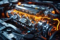 Intricate design of a high-performance engine reveals glowing components, Royalty Free Stock Photo