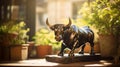 Intricate Details: Black and White Bull Statue with Market Symbolism