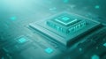 Intricate details of a modern computer processor on vibrant green background closeup Royalty Free Stock Photo