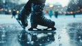 The intricate details of a skaters skate as they perform a triple axel on the ice