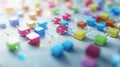 A intricate diagram illustrating a business process management system, comprising vibrant interconnected shapes and