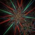 Intricate digital artwork featuring a complex fractal design. Radiating patterns of red