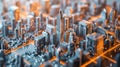 Intricate digital cityscape with glowing high-rises and circuitry paths Royalty Free Stock Photo