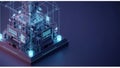 Intricate digital illustration featuring an assembly of interconnected translucent cubes and panels on a dark background. Royalty Free Stock Photo