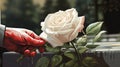 A veteran\'s hand placing a single white rose on a war memorial