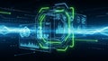 Intricate digital interface with glowing green and blue geometric structures and data streams Royalty Free Stock Photo