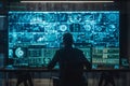 An intricate digital network display showcasing a cybersecurity experts response to cyberattacks with realtime monitoring of