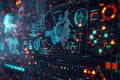An intricate digital network display showcasing a cybersecurity experts response to cyberattacks with realtime monitoring of