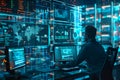 An intricate digital network display showcasing a cybersecurity experts response to cyberattacks with realtime monitoring of