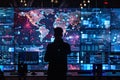 An intricate digital network display showcasing a cybersecurity experts response to cyberattacks with realtime monitoring of