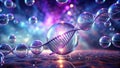 Intricate dna helix structure within illuminated spheres, surrounded by glowing bubbles on a shimmering surface. Generative AI Royalty Free Stock Photo