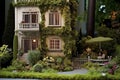 intricate dollhouse exterior with miniature garden