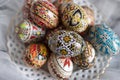 Intricate Easter eggs, part of the Northern Romanian custom of wax coloring and painting elaborate traditional symbols Royalty Free Stock Photo