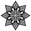 Intricate Eight-Pointed Star Design with Stylized Floral Elements in Black and White Royalty Free Stock Photo