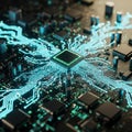 Intricate electronic circuit board with a central microprocessor. Numerous glowing Royalty Free Stock Photo