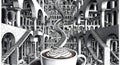 Intricate Escher-like architectural maze with a steaming cup of coffee in the foreground Royalty Free Stock Photo