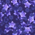 Intricate fabric with bell flowers against hand drawn plants in retro style on dark purple background. Seamless pattern