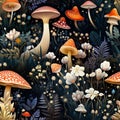 Intricate fabric or packaging design using watercolours of woodland mushrooms flies, blackheads and flowers. Seamless pattern