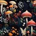 Intricate fabric or packaging design using watercolours of woodland mushrooms flies, blackheads and flowers. Seamless pattern