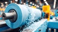 Intricate factory machine precisely cutting a roll of blue industrial material. Royalty Free Stock Photo