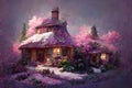 Intricate fantasy cottage covered with snow and pink flowers, beautiful digital art painting