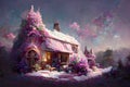 Intricate fantasy cottage covered with snow and pink flowers, beautiful digital art painting