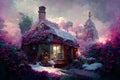 Intricate fantasy cottage covered with snow and flowers in a forest, beautiful digital art painting