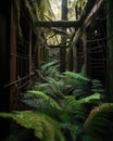 Intricate ferns weaving their way through splintered wood and broken lockers the peaceful beauty of nature in contrast