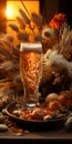 Intricate Floral Arrangements: A Luminous Glass Of Beer