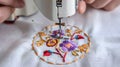 Intricate floral embroidery in progress, close-up of vibrant threads and sewing machine, capturing delicate craftsmanship Royalty Free Stock Photo