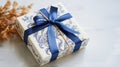 Intricate Floral Print Blue Gift Box With Ribbon