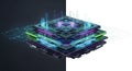 Intricate futuristic digital processor chip with glowing neon green blue and purple circuit lines on a split dark and Royalty Free Stock Photo