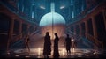 Intricate futuristic planetarium with people dressed in futuristic renaissance-style clothes. Generative AI