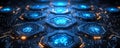 Intricate futuristic tech network. Glowing hexagonal nodes circuits depict digital connectivity, AI, big data, or blockchain