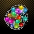 Intricate garlands. Beautiful colorful holidays decorations. Christmas lights on transparent background.