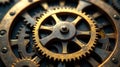 Intricate gear system a close-up view of interlocking bronze and dark metal cogwheels. Generative AI Royalty Free Stock Photo
