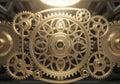 Intricate gears interlock in a complex network, showcasing mechanical precision and craftsmanship. Royalty Free Stock Photo