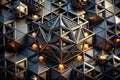 Intricate geometric black and gold abstract composition featuring illuminated polyhedra and interlocking triangular forms. Royalty Free Stock Photo