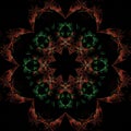 Intricate geometric pattern featuring a symmetrical, kaleidoscopic design with red and