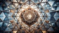 Intricate geometric structure featuring a complex array of interlocking triangular panels and golden hues. Generative AI Royalty Free Stock Photo