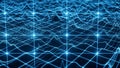 Intricate glowing blue digital network grid with flowing wavy lines and bright nodes representing data or connections Royalty Free Stock Photo