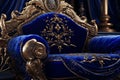 Intricate gold embroidery on a royal blue velvet t Royalty Free Stock Photo