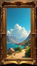 Intricate gold frame extends into distant view , long, stretch, impressive