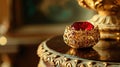 Intricate gold-red jewel glimmers on table, adding opulent elegance. Ai Generated