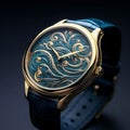 Intricate Gold Watch With Blue Leather Strap - Art Nouveau Inspired Design