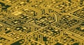 Intricate golden circuit board traces and components creating a complex technological network pattern Royalty Free Stock Photo